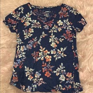 Blue Floral V Neck T-shirt